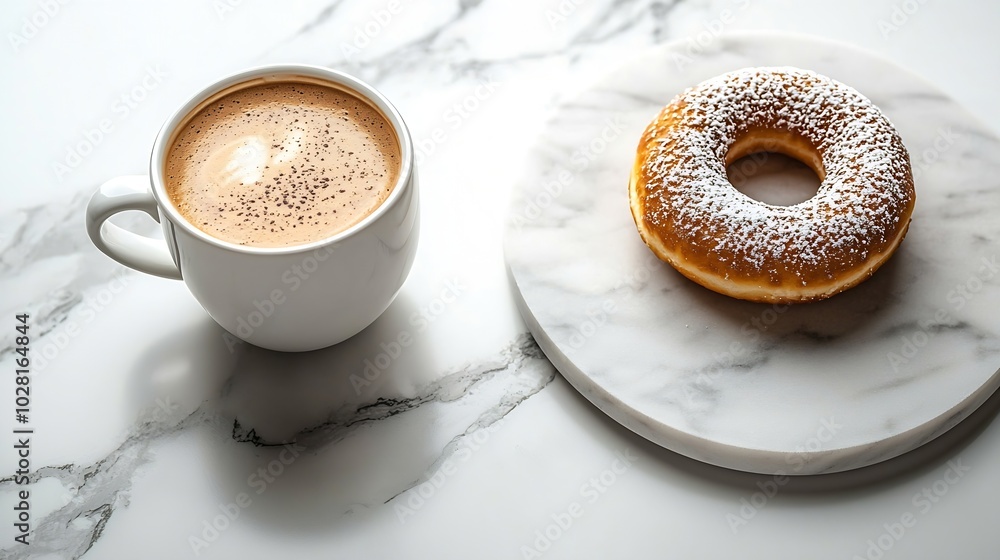Coffee in a white cup with chcolate donut on marble board Top view Copy space : Generative AI Coffee in a white cup with chcolate donut on marble board Top view Copy space : Generative AI