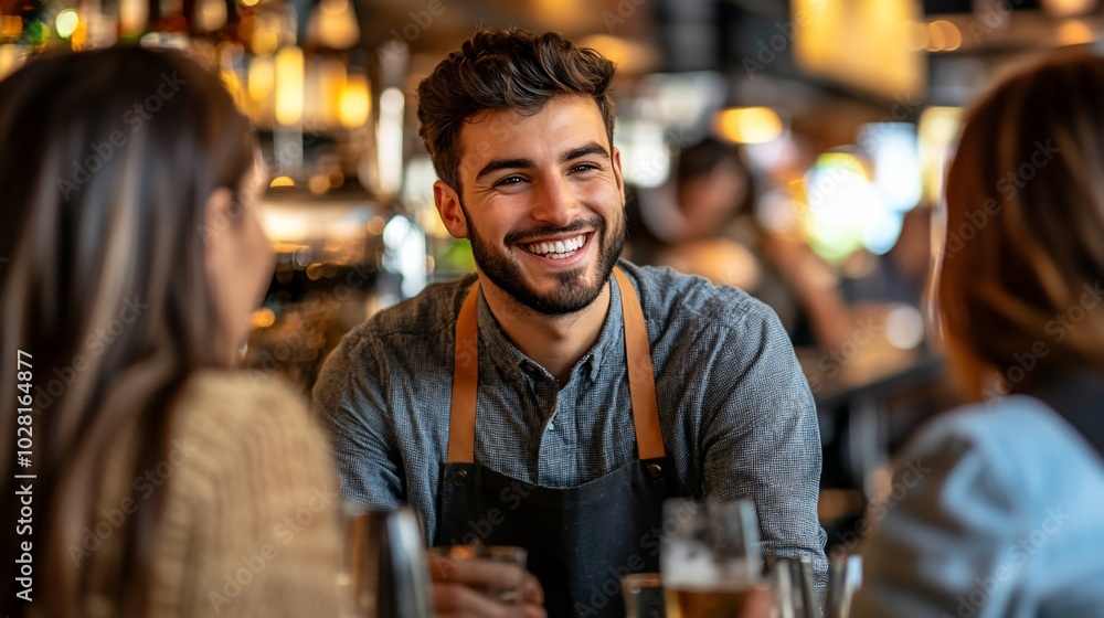 A smiling bartender interacts with customers at a bar. A smiling bartender interacts with customers at a bar.