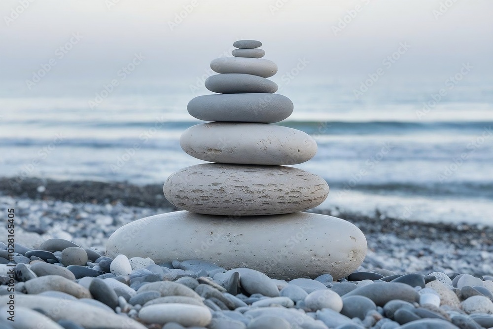 Zen stone tower on the beach. Concept of meditation and free thinking for mental health Zen stone tower on the beach. Concept of meditation and free thinking for mental health