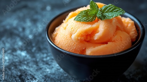 Mango peach ice cream tropical fruit sorbet in black bowl on stone background Close up : Generative AI photo