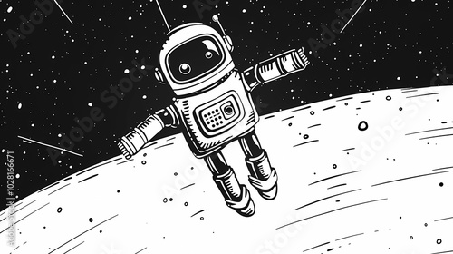 An animation of a robot flying in space with black and white lines, Generative AI illustrations.