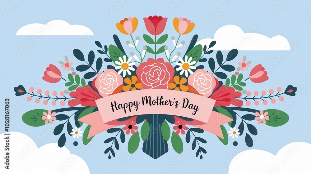 Bouquet of Flowers with Happy Mother's Day Banner in a Vibrant Arrangement of Roses, Daisies, and Tulips Against a Light Blue Sky
Bouquet of Flowers with Happy Mother's Day Banner in a Vibrant Arrangement of Roses, Daisies, and Tulips Against a Light Blue Sky