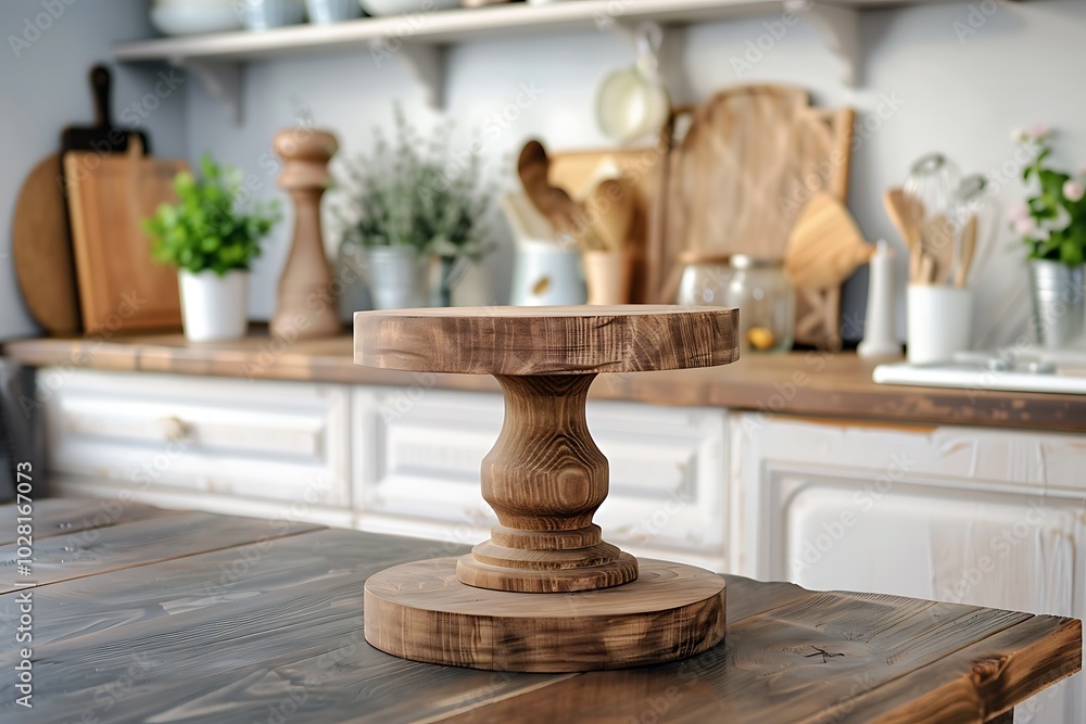 Wooden round table in modern kitchen, closeup Wooden round table in modern kitchen, closeup