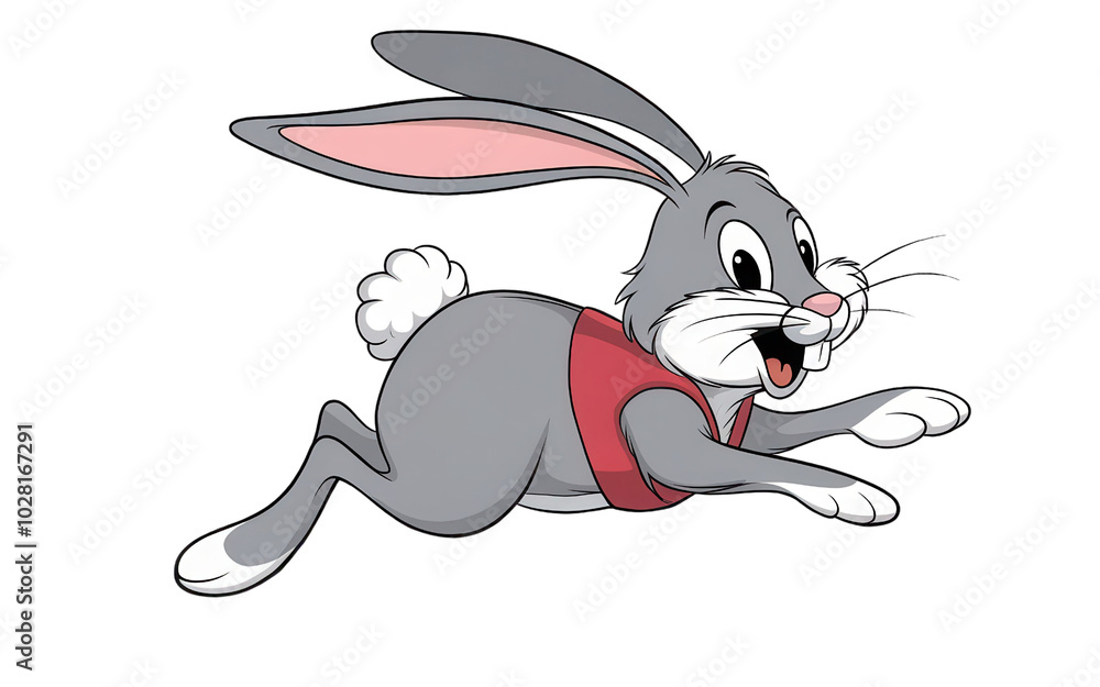Animated Grey Rabbit with Large Ears Wearing a Red Vest in Mid-Jump with Excited Expression and White Fluffy Tail