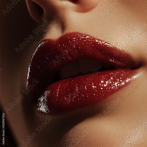 Closeup of glossy lips with dark red lipstick