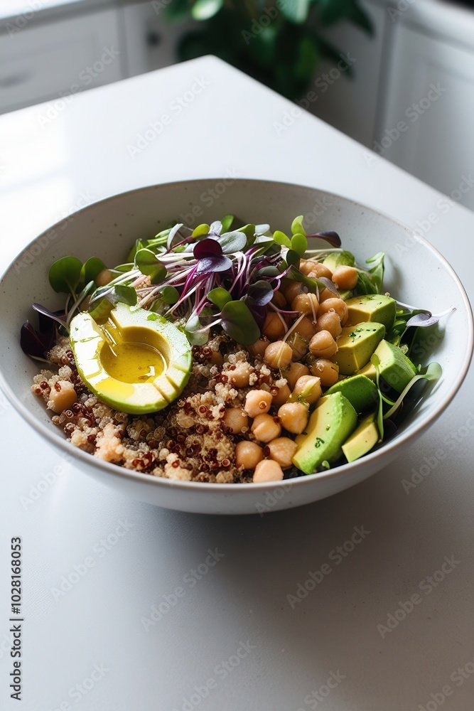 Chickpea and avocado salad with leafy greens in bowl on countertop Chickpea and avocado salad with leafy greens in bowl on countertop