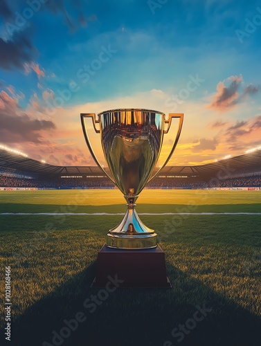 Trophy on football field at sunset