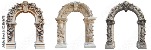 A stone archway intricately carved with detailed vine and flower patterns, isolated on a transparent background