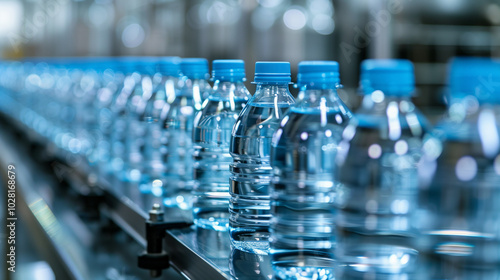 Row of plastic water bottles on conveyor in a modern bottling factory
