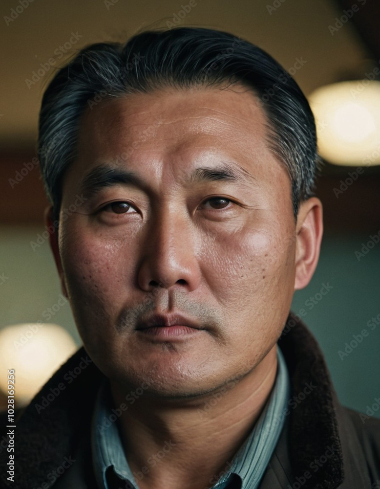 Obraz premium Portrait of a middle-aged North Korean man in a formal setting, showcasing the traditional clothing style and serious expression, indicative of his cultural background. Generative AI