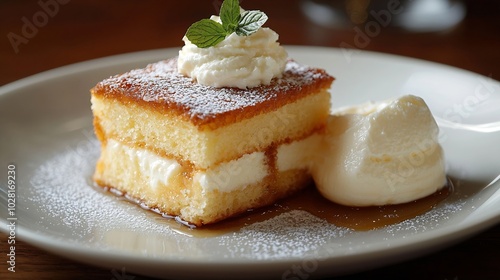 Brioche cake with poached in wine pear caramel croquant and fresh ricotta cream in a white plate on a dark wooden background : Generative AI photo