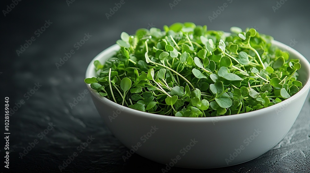 Micro herbs watercress salad in white bowl Grey background Copy space Top view : Generative AI Micro herbs watercress salad in white bowl Grey background Copy space Top view : Generative AI