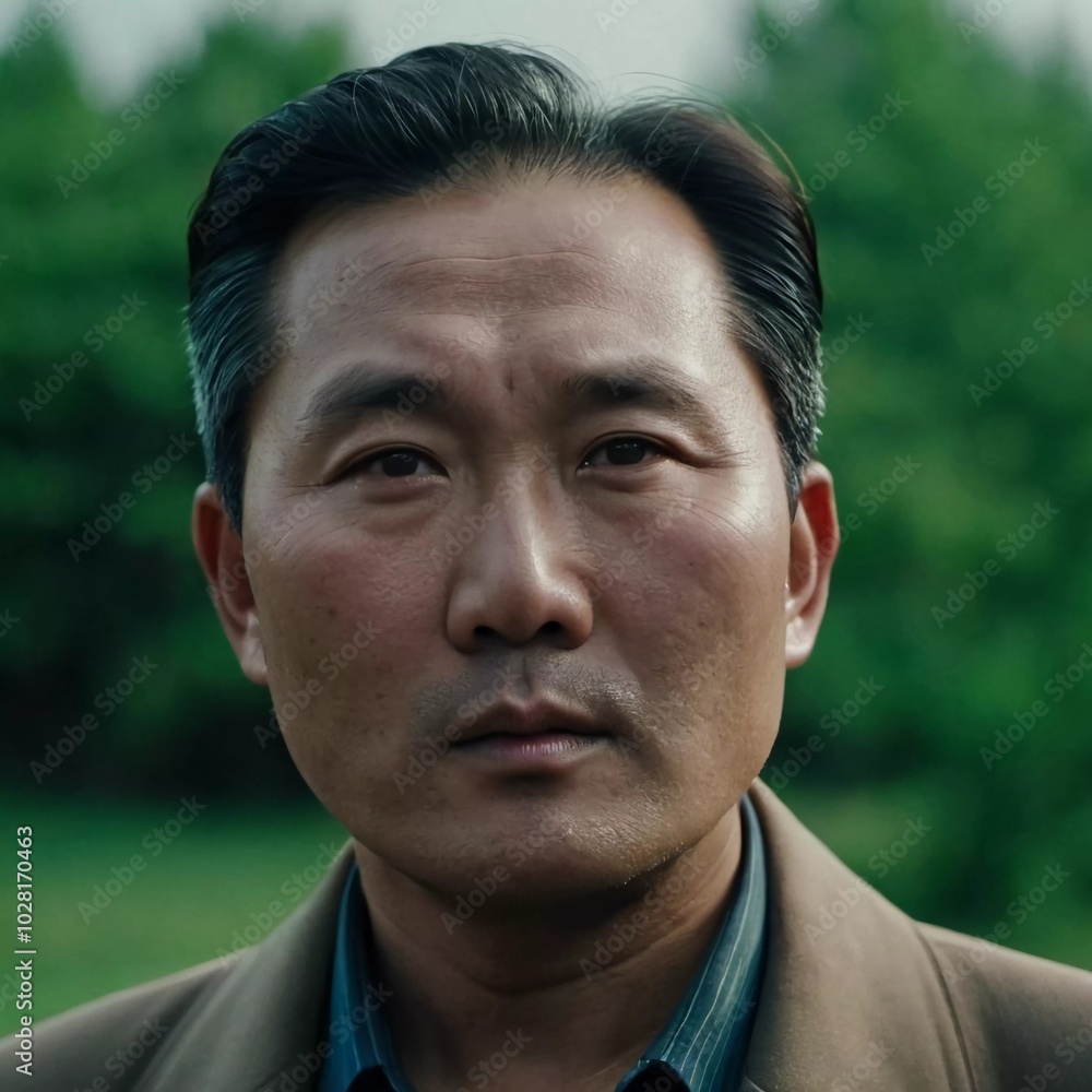Portrait of a middle-aged North Korean man in a formal setting, showcasing the traditional clothing style and serious expression, indicative of his cultural background. Generative AI Portrait of a middle-aged North Korean man in a formal setting, showcasing the traditional clothing style and serious expression, indicative of his cultural background. Generative AI