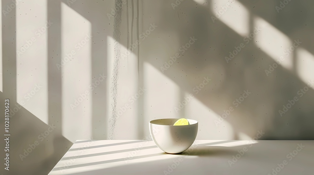 A cold brew tonic with lime in a minimalist and modern setting with all-white table and light concrete walls, Generative AI illustrations. A cold brew tonic with lime in a minimalist and modern setting with all-white table and light concrete walls, Generative AI illustrations.
