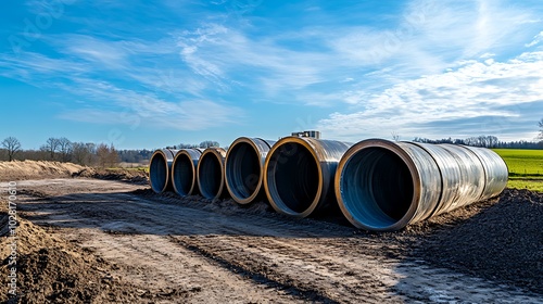 Construction Site with Large Metal Pipes