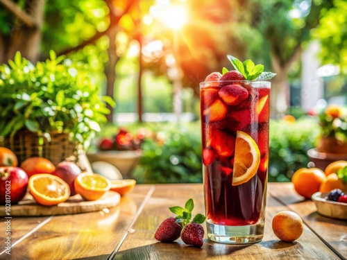 Refreshing Summer Sangria Cocktail on Cafe Terrace - Vibrant Drink, High Depth of Field, Relaxing Atmosphere, Outdoor Dining, Summer Vibes, Colorful Beverage, Sunlit Table Setting