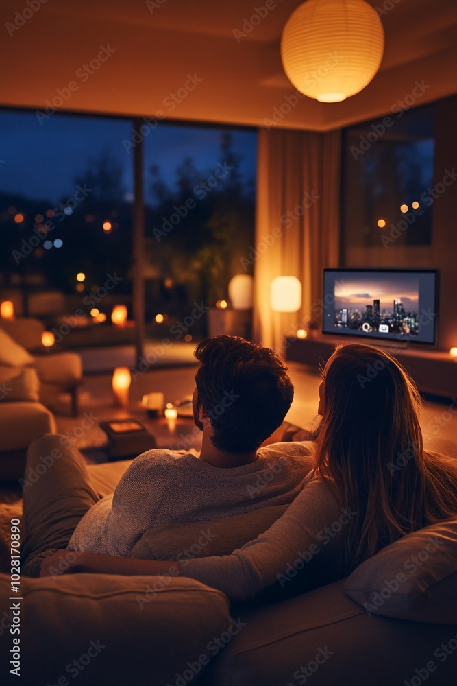 Couple relaxes on couch in a living room at night, watching TV with city lights in the background. Couple relaxes on couch in a living room at night, watching TV with city lights in the background.