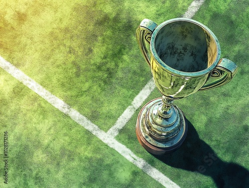 Trophy on tennis court with sunlight photo