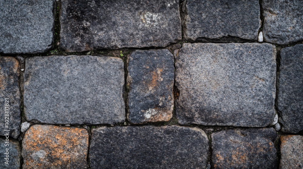 Close-up of a weathered gray stone pathway with visible grout lines and hints of green moss. Close-up of a weathered gray stone pathway with visible grout lines and hints of green moss.