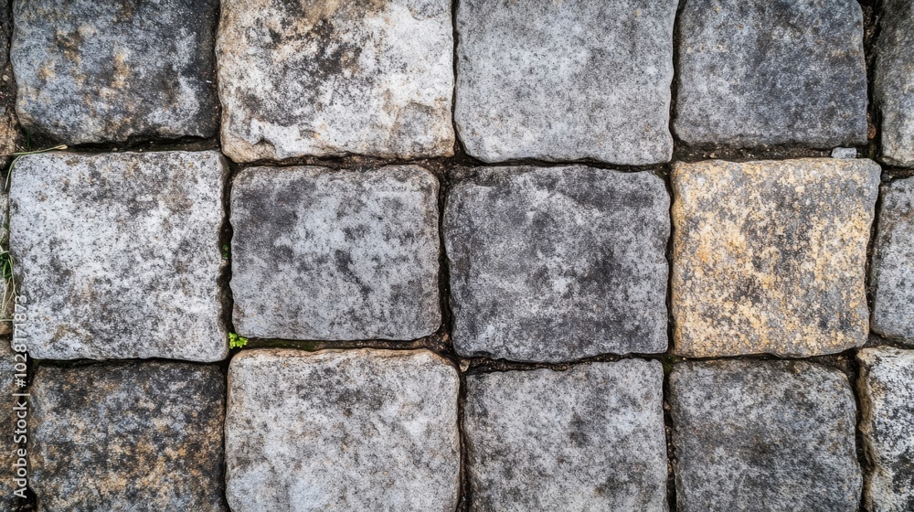 Close-up of a Weathered Stone Pavement with Small Plants Growing Between the Stones Close-up of a Weathered Stone Pavement with Small Plants Growing Between the Stones