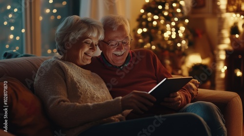 A joyful elderly couple sits together on a couch, sharing a tablet, surrounded by warm festive lights and a cozy atmosphere.