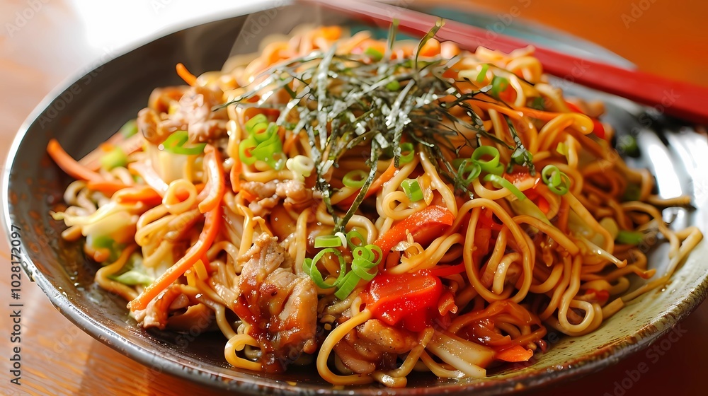 The dish should feature stir-fried noodles that are golden brown, glistening with a savory sauce, Generative AI illustrations. The dish should feature stir-fried noodles that are golden brown, glistening with a savory sauce, Generative AI illustrations.