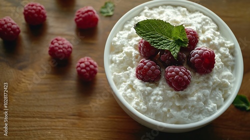 Fresh cottage cheese with berries raspberries for breakfast closeup copy space : Generative AI