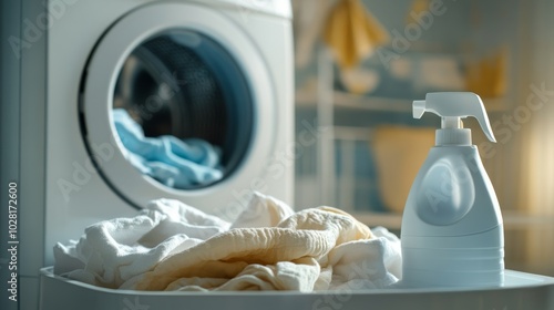 A laundry scene featuring a washing machine with clean clothes and a spray bottle on a table. photo