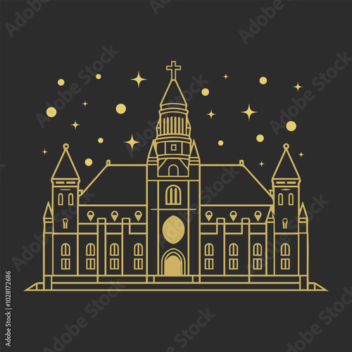 Gold Building Hand drawn mono-line historical mosque church background design