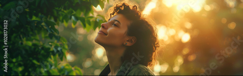 Woman Enjoying Nature at Sunset with Peaceful Smile - Romantic Outdoor Portrait in Soft Warm Light