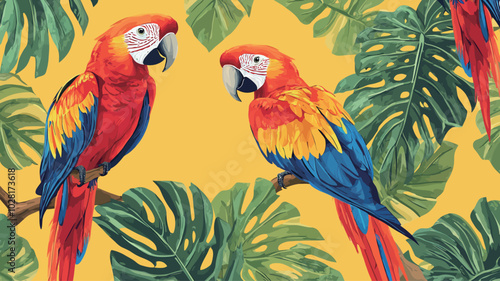 Beautiful parrots on the background of tropical leaves. Vector illustration 