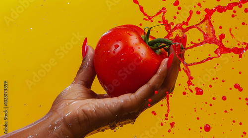 Hand holding a fresh tomato with a dynamic splash against a yellow background photo