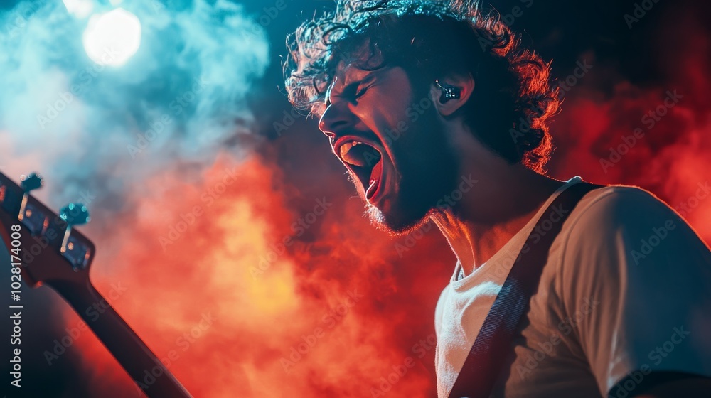 A young man with curly hair sings passionately into a microphone while playing guitar on stage. A young man with curly hair sings passionately into a microphone while playing guitar on stage.