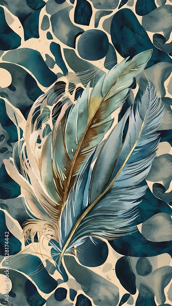 Fototapeta premium Bird feathers from wing. Watercolor background illustration set. Seamless background pattern. Fabric wallpaper print texture.