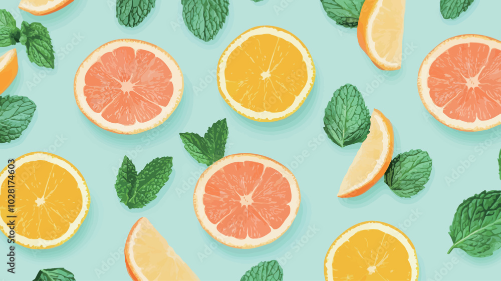 Obraz premium Seamless pattern with citrus fruits and mint. Vector illustration. 