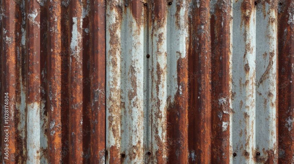 Rusty corrugated metal sheet with faded paint Rusty corrugated metal sheet with faded paint