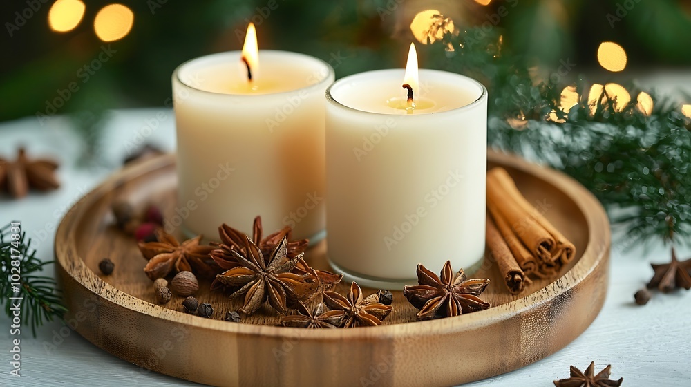Handmade candles with spices in wooden tray White wooden background Copy space : Generative AI Handmade candles with spices in wooden tray White wooden background Copy space : Generative AI