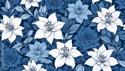 A captivating pattern of white lilies and blue roses, intertwined with delicate leaves
