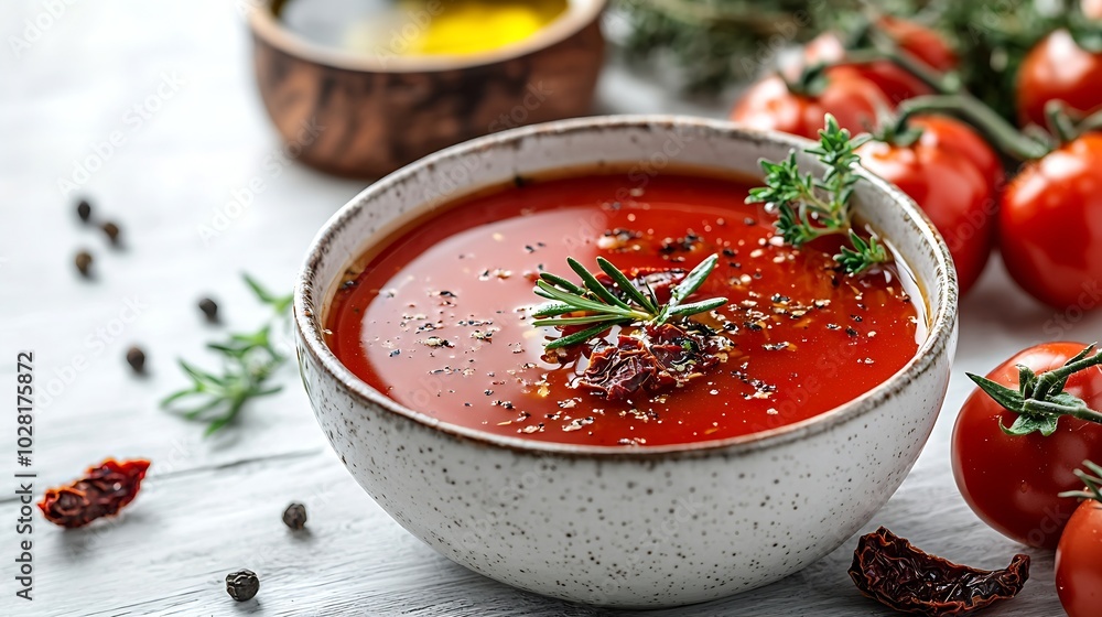 Vegan tomato soup with sun dried tomatoes fresh herbs and olive oil on a white wooden background : Generative AI Vegan tomato soup with sun dried tomatoes fresh herbs and olive oil on a white wooden background : Generative AI