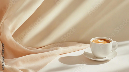 Minimalist Coffee Cup with Soft Shadows and Neutral Fabric Background