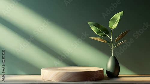 Minimalist Wooden Podium with Green Plant on Soft Green BackgroundMinimalist Wooden Podium with Green Plant on Soft Green Background