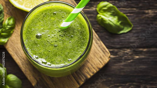 Refreshing Green Detox Juice with Lime and Basil Leaves – Top View
