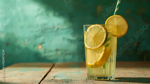 Refreshing Lemonade with Sliced Lemons on Rustic Wooden Table
