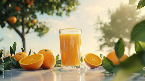 Refreshing Orange Juice in Glass Surrounded by Fresh Oranges Outdoors