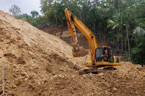 Wallpaper Mural A working excavator is building a water supply system on a tropical island. Loose soil Torontodigital.ca