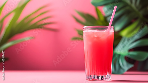 Refreshing Pink Juice with Tropical Leaves on Minimalist Pink Background