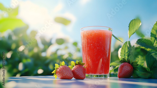 Refreshing Strawberry Juice in Countryside Setting with Clear Blue Sky