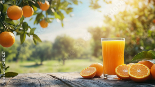 Refreshing Orange Juice on Rustic Table with Orange Tree Background