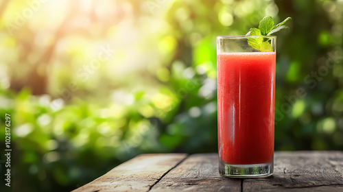 Refreshing Red Juice with Mint on Rustic Wooden Table in Nature
