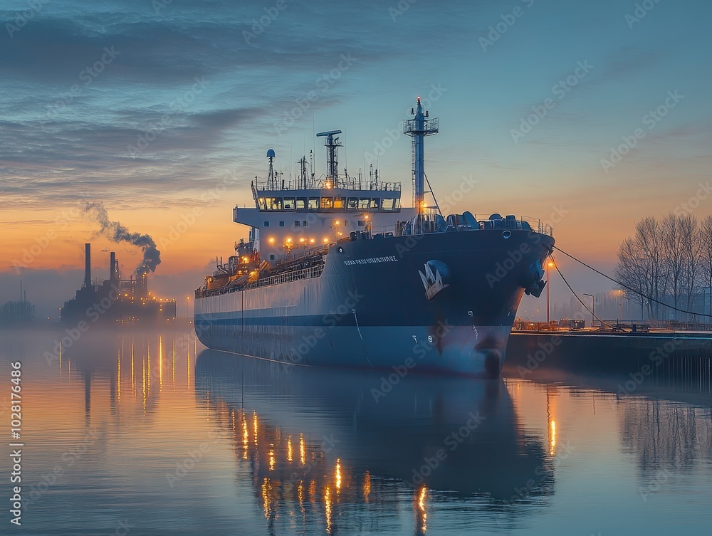 Majestic Cargo Ship Docked at Industrial Port During Sunset Majestic Cargo Ship Docked at Industrial Port During Sunset